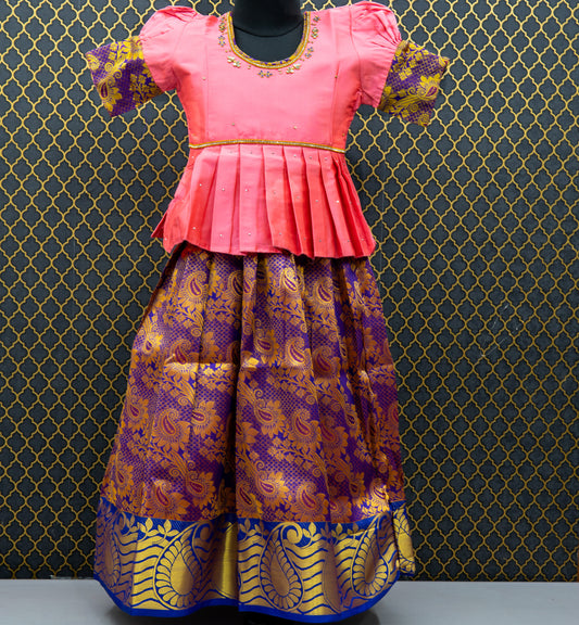 Traditional Gown Pattu Pavadai For Kids With Handmade Stone Work / Lehenga Cholis For Kids