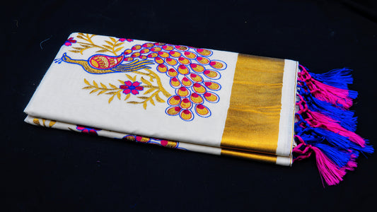 Kasavu Kerala Cotton Saree With Full Embroidering/Pure Cotton