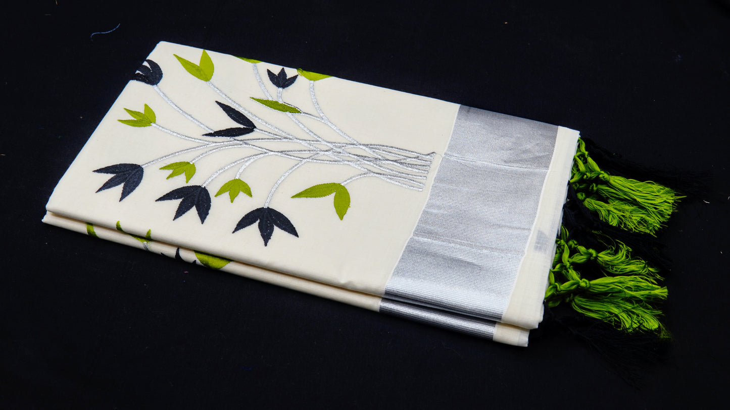 Kasavu Kerala Cotton Saree With Full Embroidering/Pure Cotton