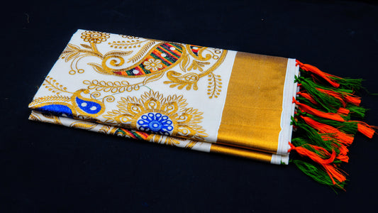 Kasavu Kerala Cotton Saree With Full Embroidering/Pure Cotton