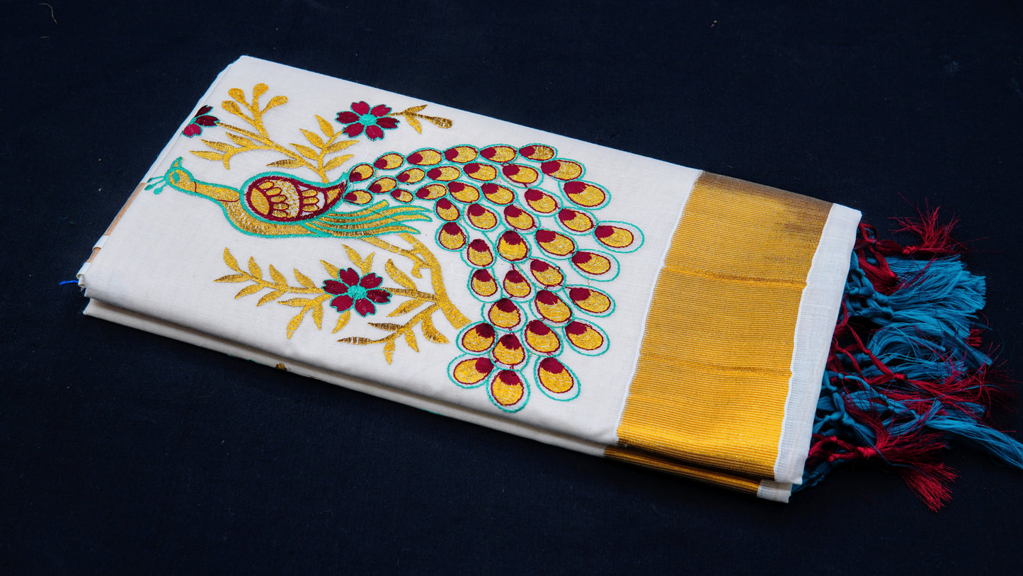 Kasavu Kerala Cotton Saree With Full Embroidering/Pure Cotton