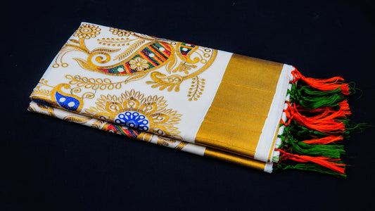 Kasavu Kerala Cotton Saree With Full Embroidering/Pure Cotton