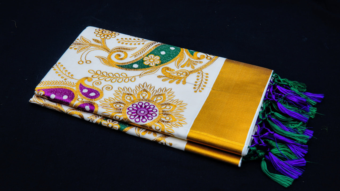 Kasavu Kerala Cotton Saree With Full Embroidering/Pure Cotton