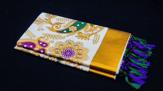 Kasavu Kerala Cotton Saree With Full Embroidering/Pure Cotton