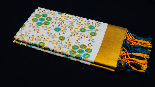 Kasavu Kerala Cotton Saree With Full Embroidering/Pure Cotton