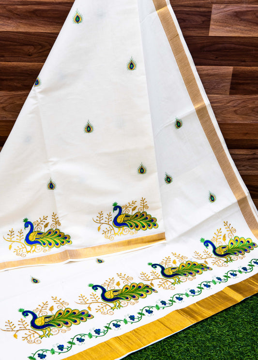 women's kasavu Kerala Cotton sarees With Running Blouse/Off White