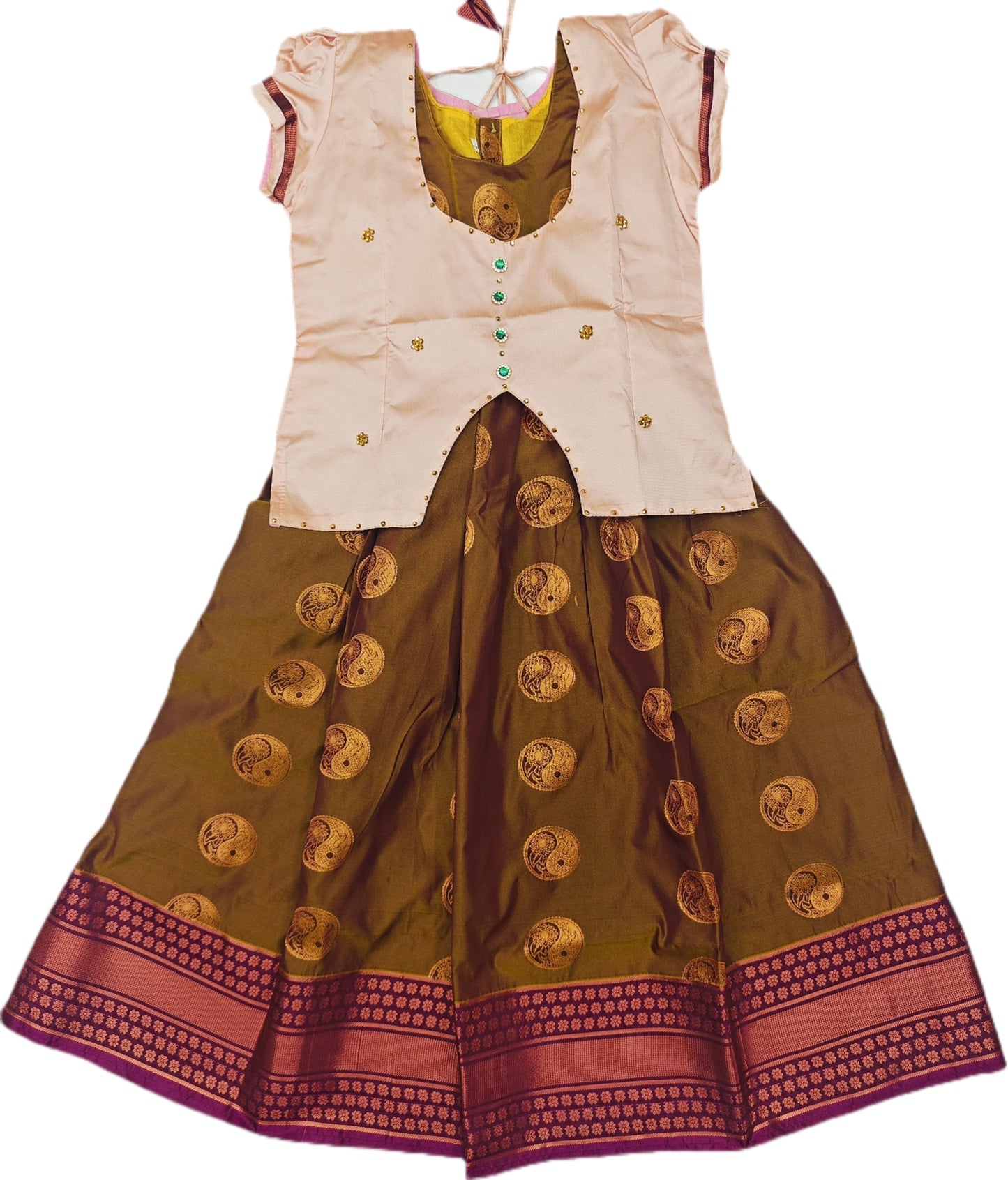 Traditional Gown Pattu Pavadai For Kids With Handmade Stone Work / Lehenga Cholis For Kids