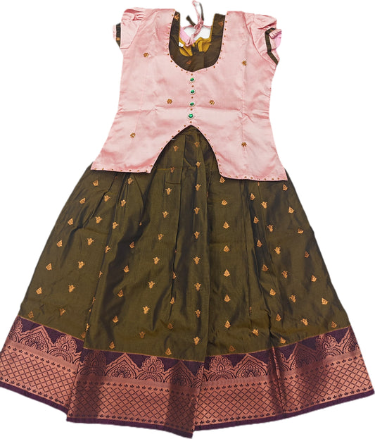 Traditional Gown Pattu Pavadai For Kids With Handmade Stone Work / Lehenga Cholis For Kids