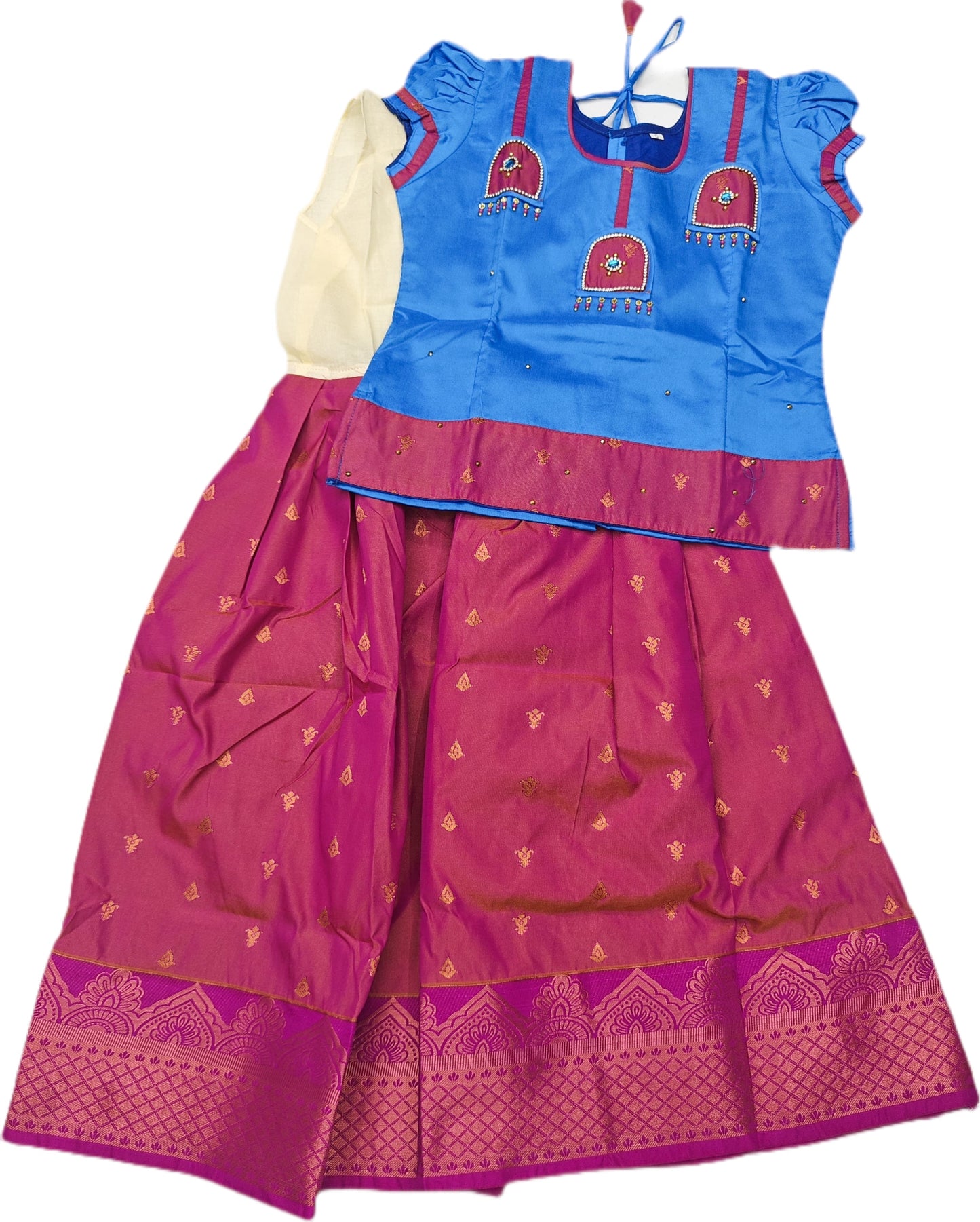 Traditional Gown Pattu Pavadai For Kids With Handmade Stone Work / Lehenga Cholis For Kids