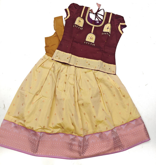 Traditional Gown Pattu Pavadai For Kids With Handmade Stone Work / Lehenga Cholis For Kids