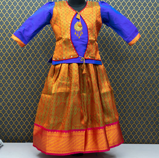 Traditional Gown Pattu Pavadai For Kids With Handmade Stone Work / Lehenga Cholis For Kids