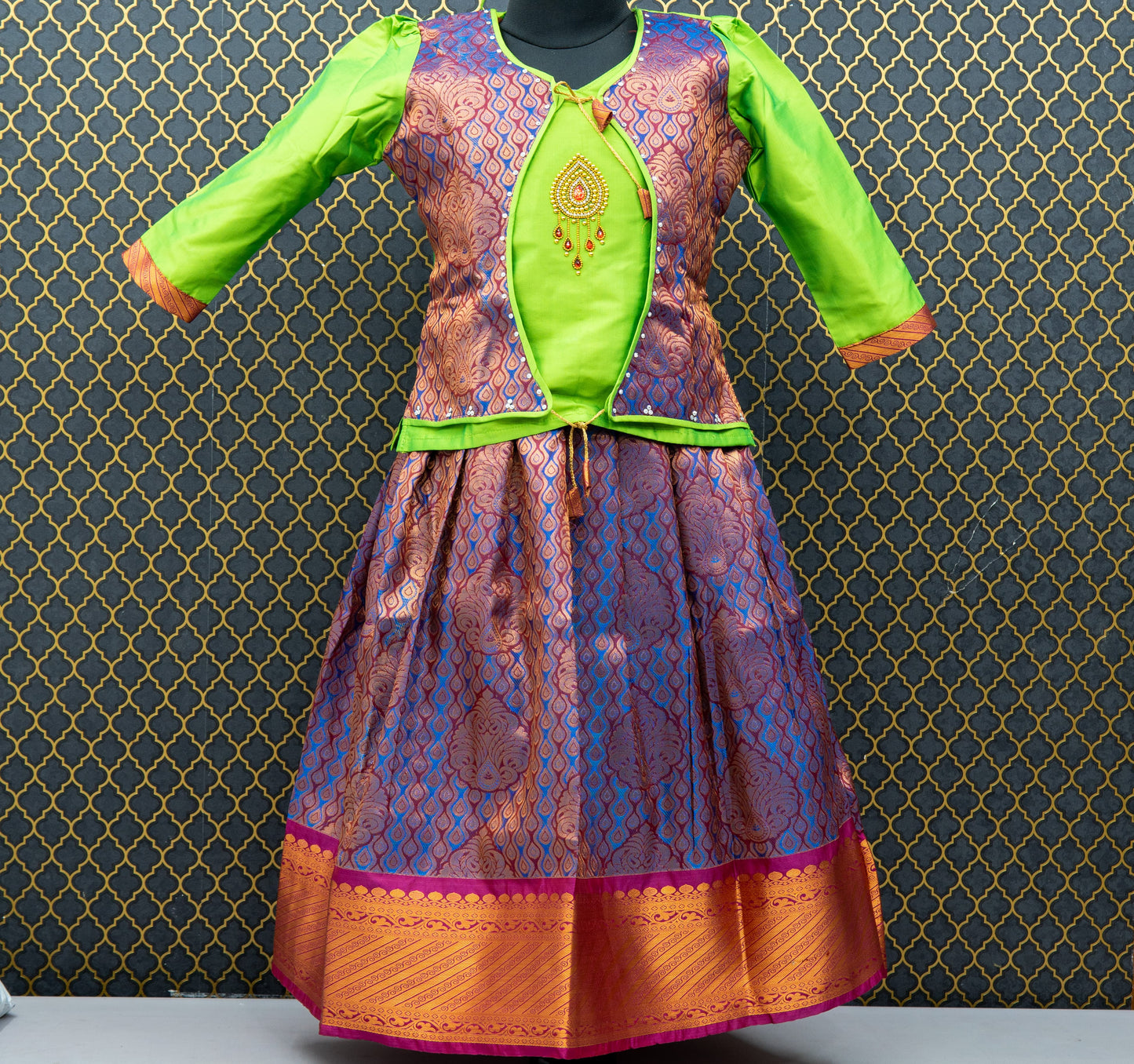 Traditional Gown Pattu Pavadai For Kids With Handmade Stone Work / Lehenga Cholis For Kids