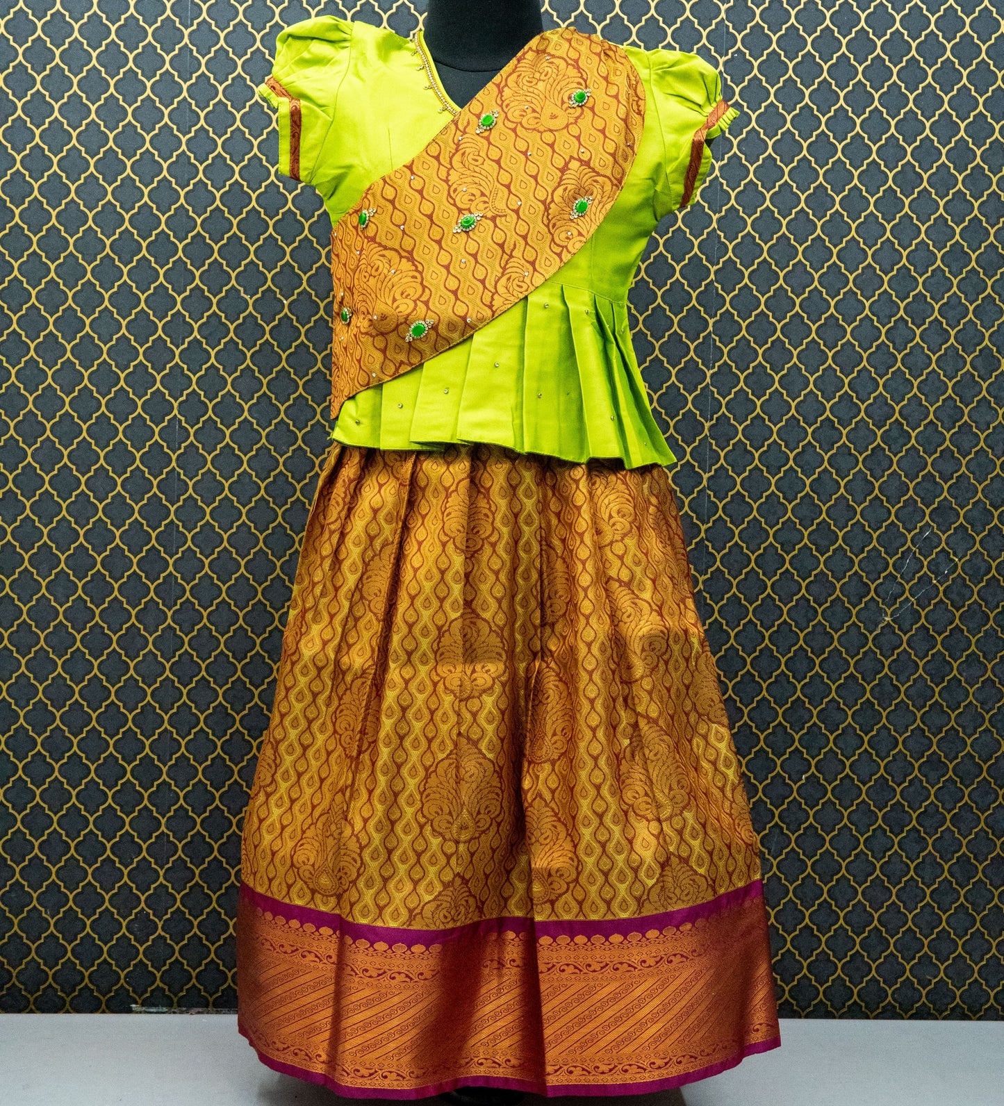 Traditional Gown Pattu Pavadai For Kids With Handmade Stone Work / Lehenga Cholis For Kids