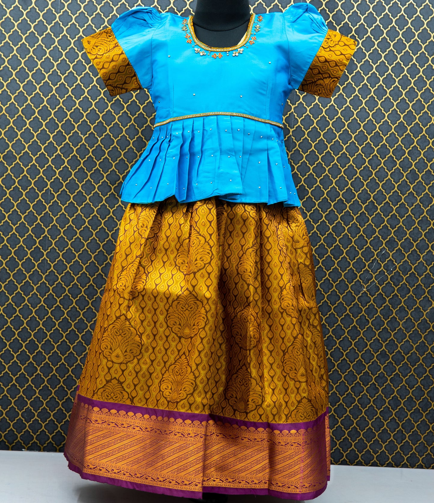 Traditional Gown Pattu Pavadai For Kids With Handmade Stone Work / Lehenga Cholis For Kids