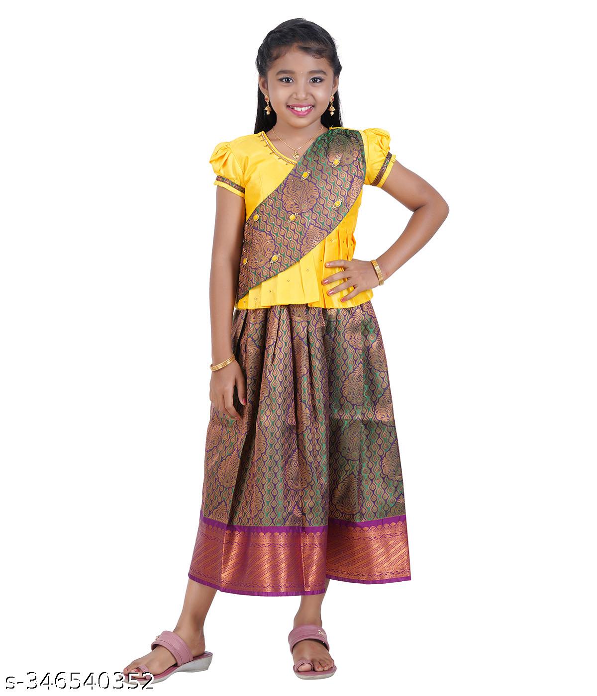 Traditional Gown Pattu Pavadai For Kids With Handmade Stone Work / Lehenga Cholis For Kids