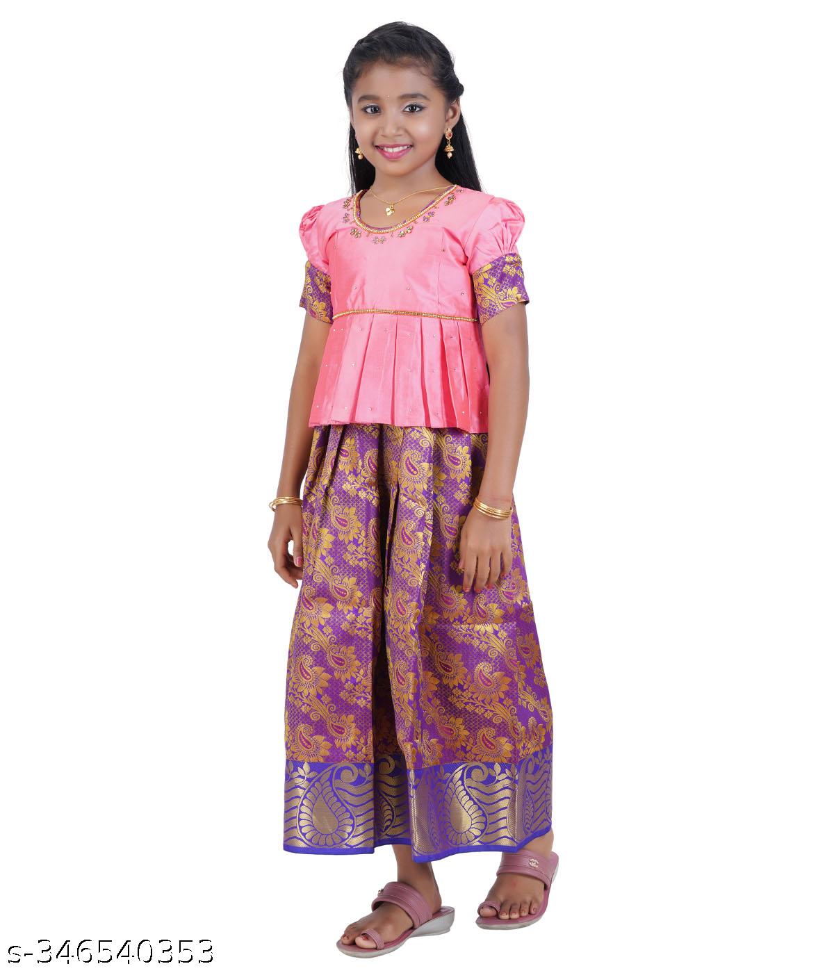 Traditional Gown Pattu Pavadai For Kids With Handmade Stone Work / Lehenga Cholis For Kids