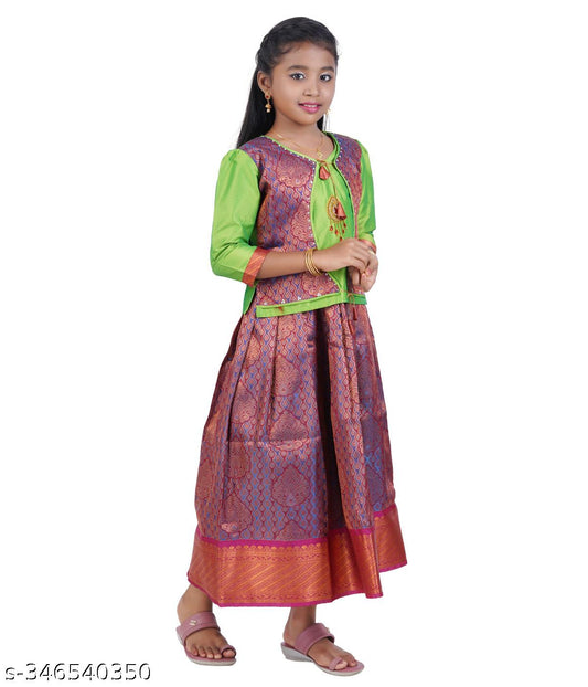 Traditional Gown Pattu Pavadai For Kids With Handmade Stone Work / Lehenga Cholis For Kids