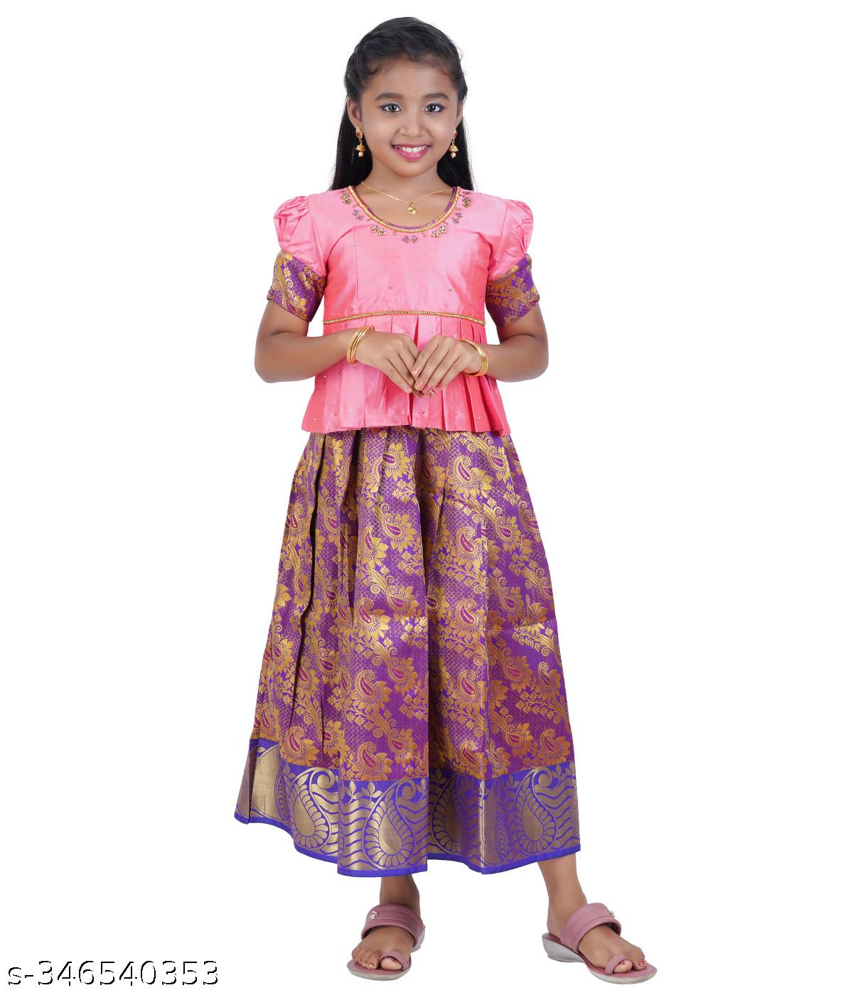 Traditional Gown Pattu Pavadai For Kids With Handmade Stone Work / Lehenga Cholis For Kids