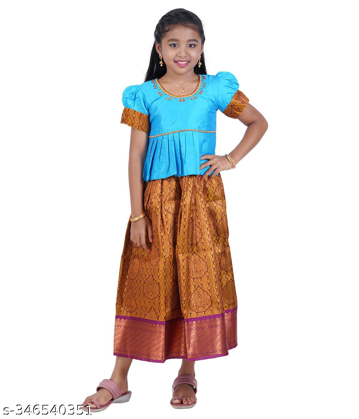 Traditional Gown Pattu Pavadai For Kids With Handmade Stone Work / Lehenga Cholis For Kids