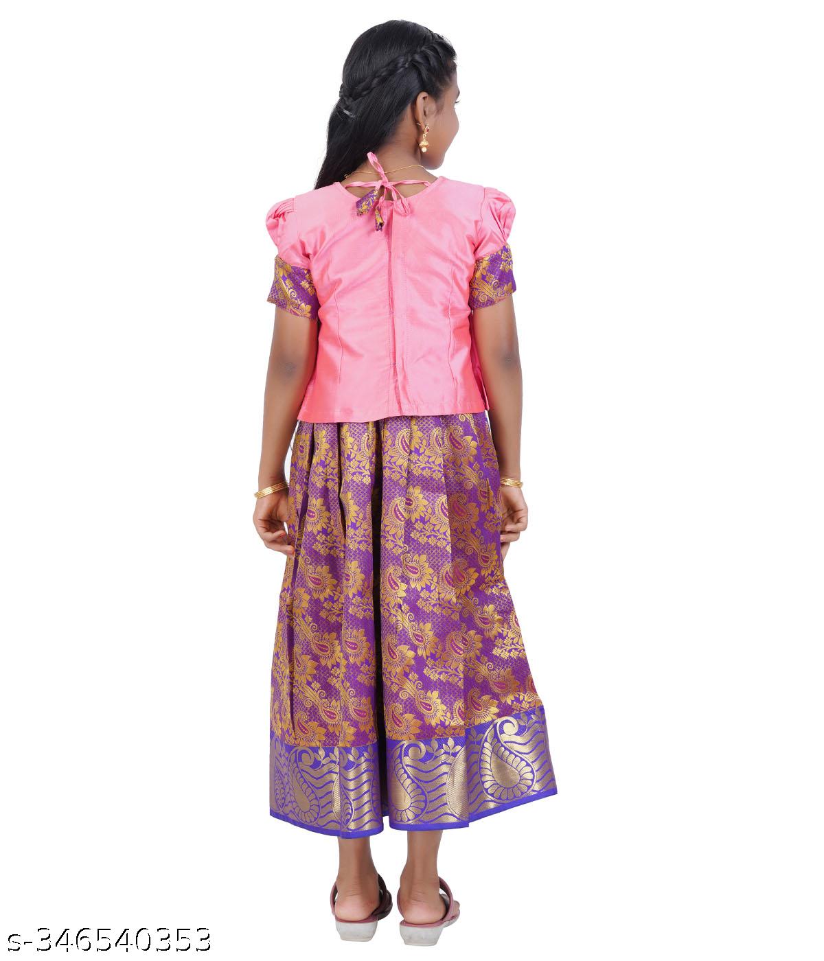 Traditional Gown Pattu Pavadai For Kids With Handmade Stone Work / Lehenga Cholis For Kids