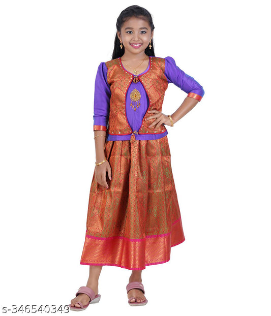 Traditional Gown Pattu Pavadai For Kids With Handmade Stone Work / Lehenga Cholis For Kids