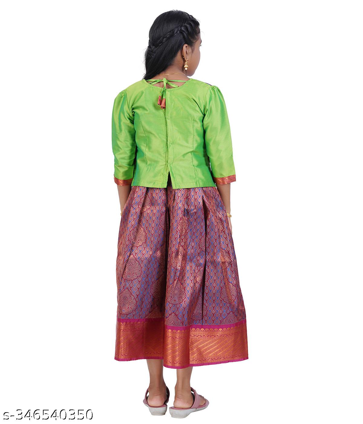 Traditional Gown Pattu Pavadai For Kids With Handmade Stone Work / Lehenga Cholis For Kids