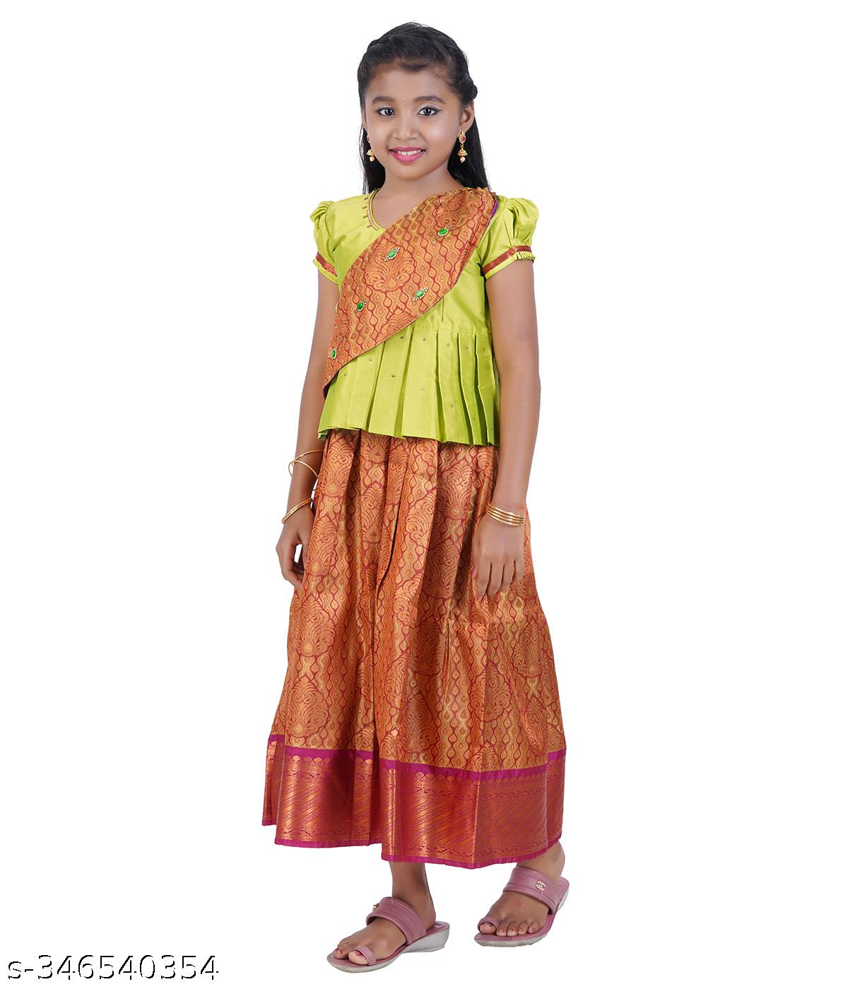 Traditional Gown Pattu Pavadai For Kids With Handmade Stone Work / Lehenga Cholis For Kids