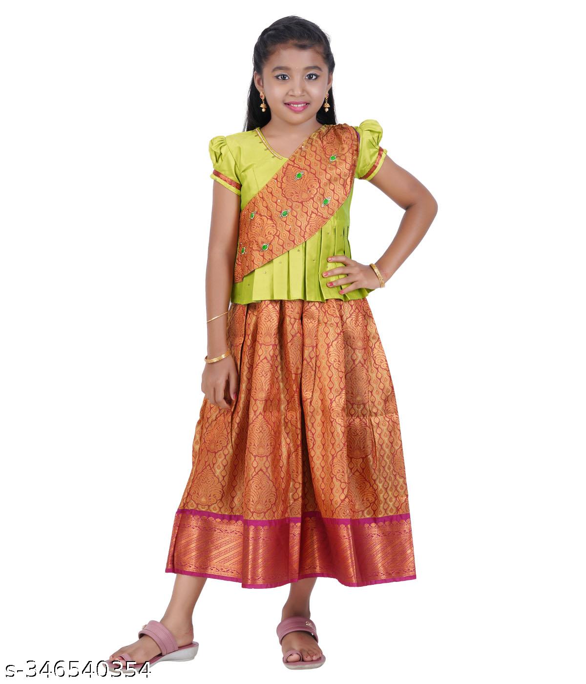 Traditional Gown Pattu Pavadai For Kids With Handmade Stone Work / Lehenga Cholis For Kids