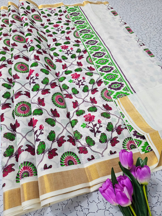 🌹 PRINTED WORK Kerala COTTON SAREES