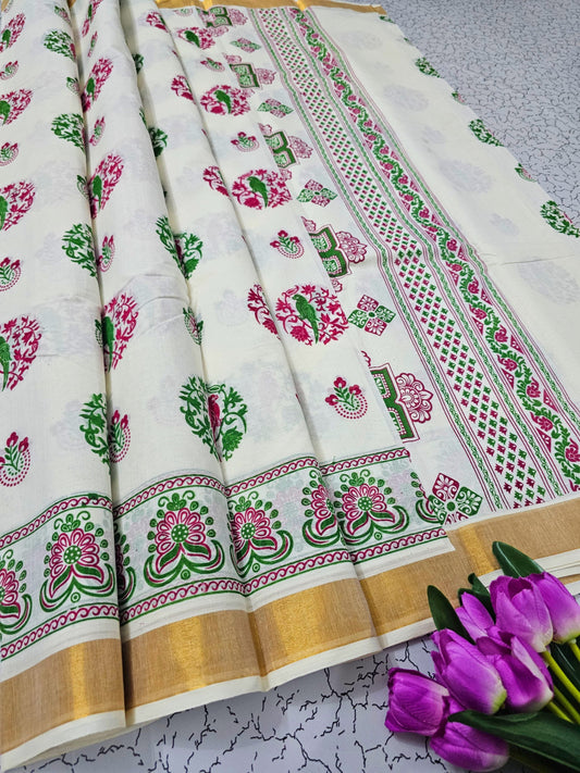 🌹 PRINTED WORK Kerala COTTON SAREES