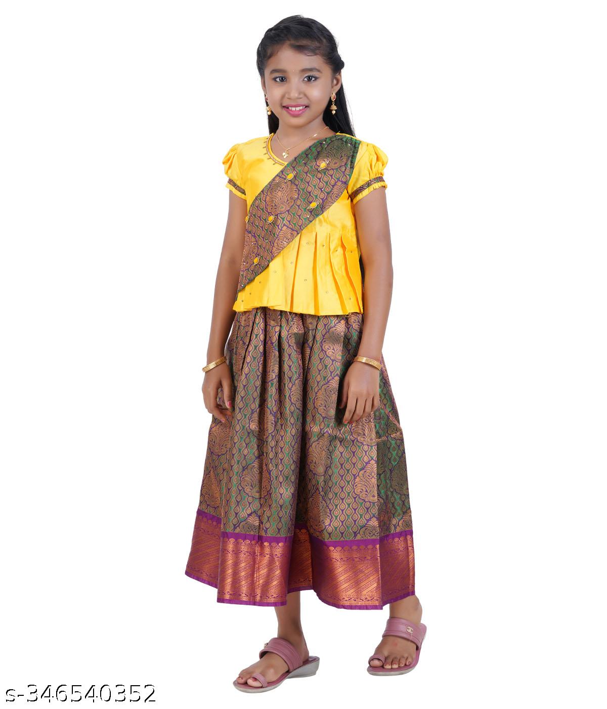 Traditional Gown Pattu Pavadai For Kids With Handmade Stone Work / Lehenga Cholis For Kids