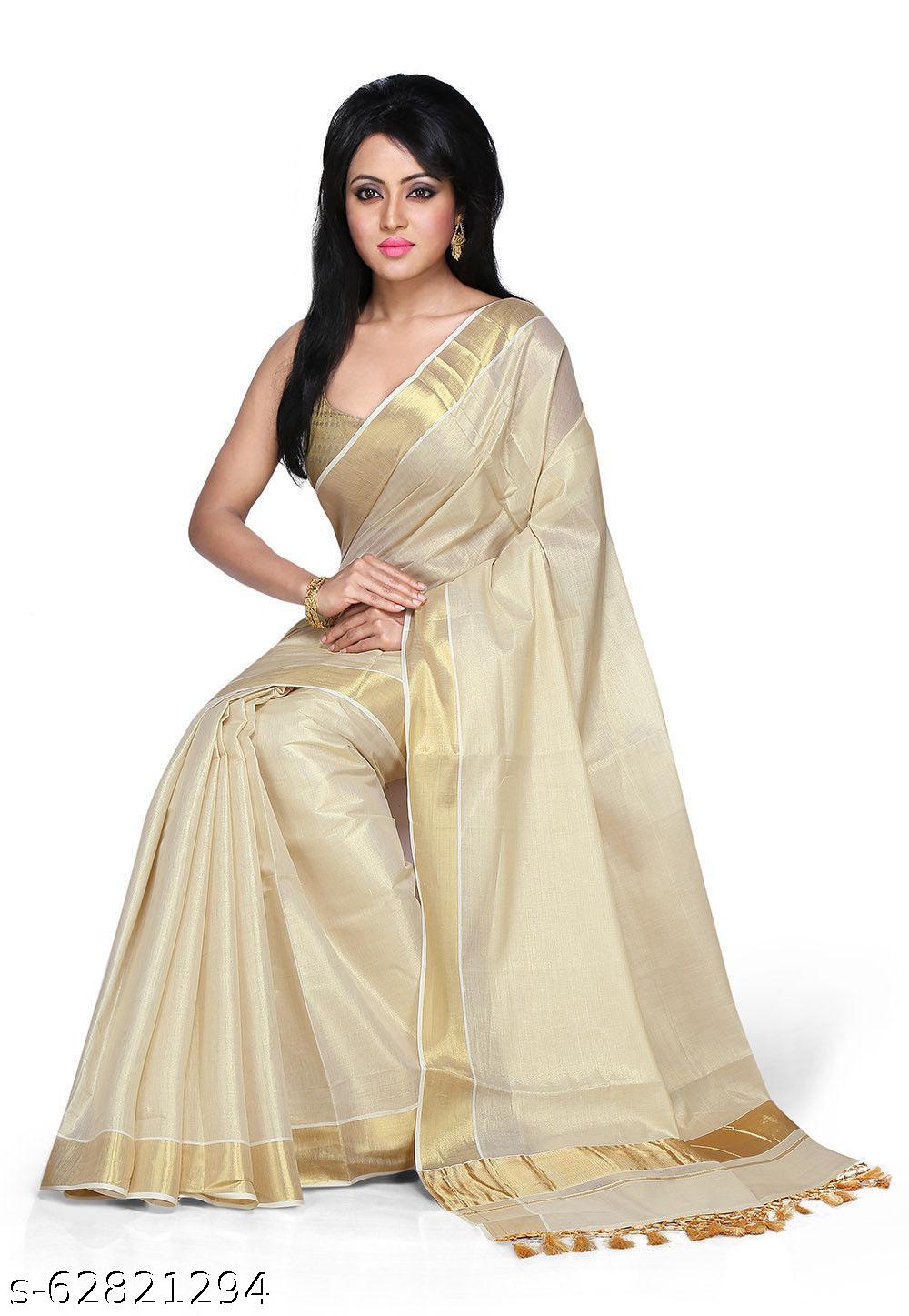 women's kasavu Kerala Cotton sarees With Running Blouse/Off White